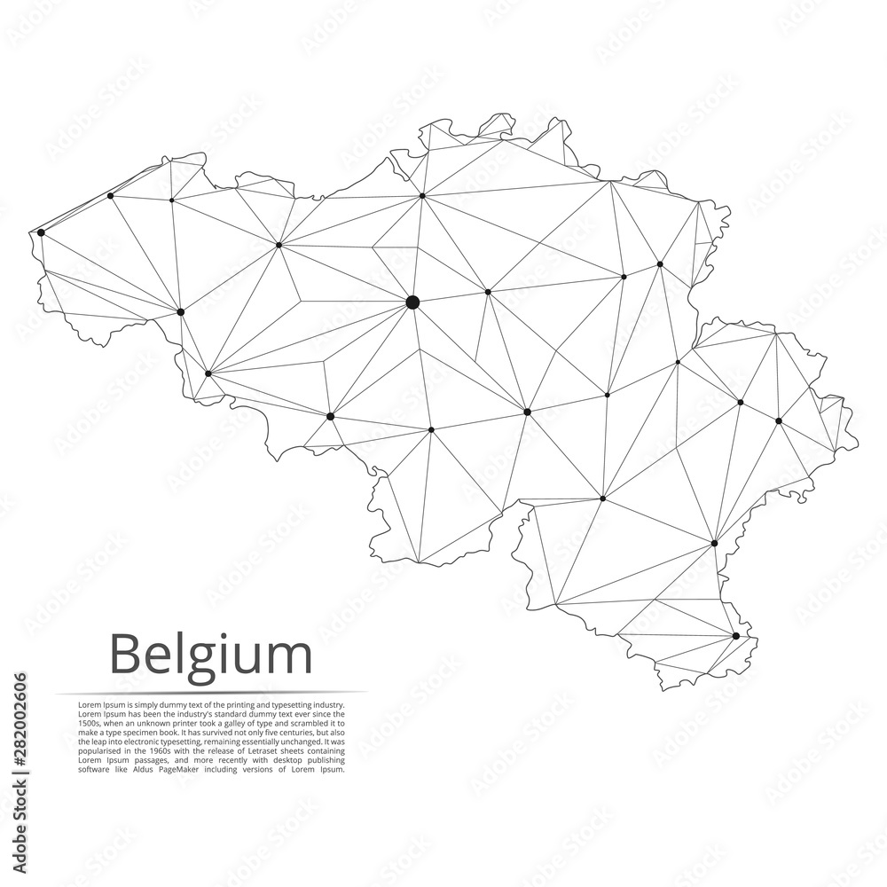 Poster belgium communication network map. vector low poly image of a global map with lights in the form of 
