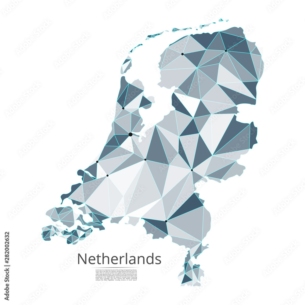Poster netherlands communication network map. vector low poly image of a global map with lights in the form