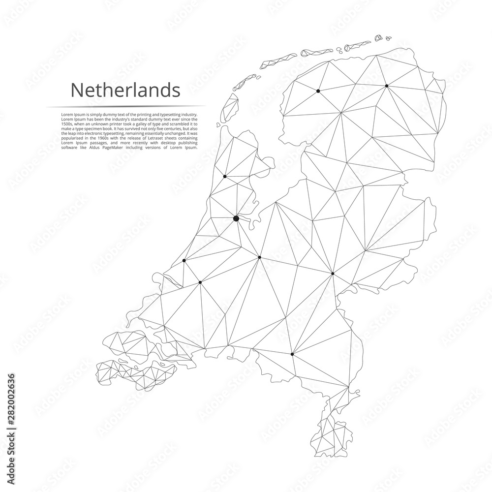 Poster netherlands communication network map. vector low poly image of a global map with lights in the form