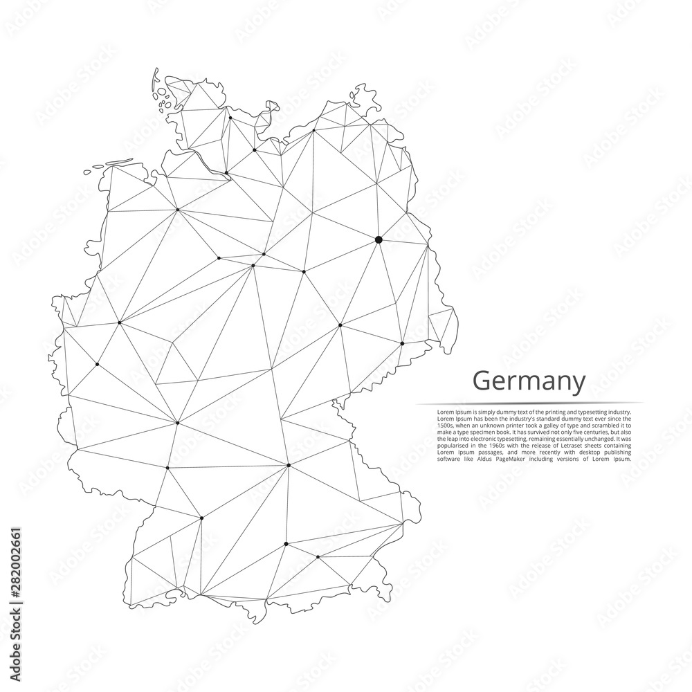 Poster germany communication network map. vector low poly image of a global map with lights in the form of 