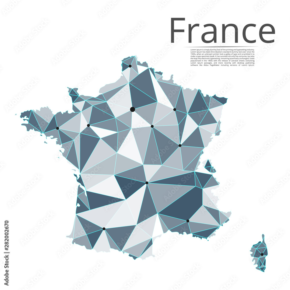 Poster france communication network map. vector low poly image of a global map with lights in the form of c