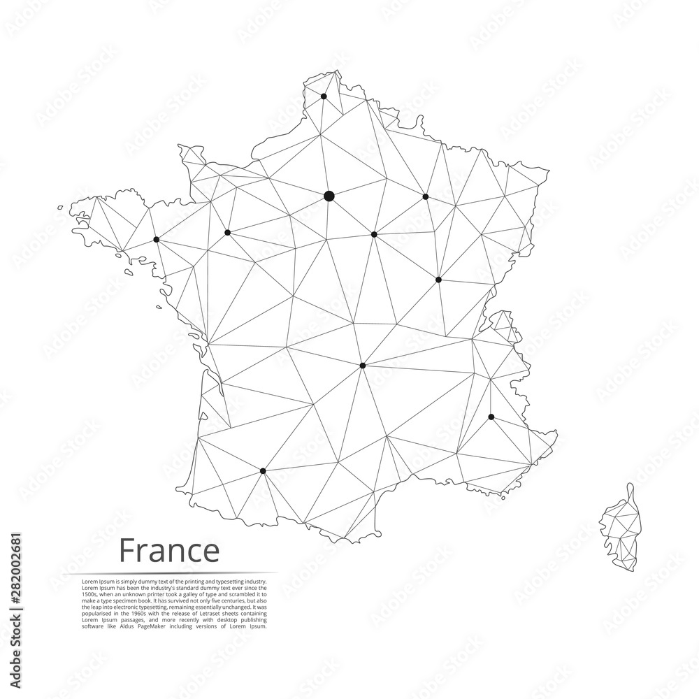 Poster france communication network map. vector low poly image of a global map with lights in the form of c
