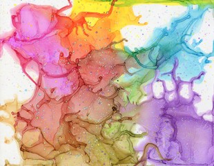 Rainbow Colored Sea Coral Abstract Ink Painting with Ink Splatters