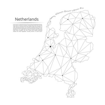 Netherlands communication network map. Vector low poly image of a global map with lights in the form of cities in or population density consisting of points and shapes and space. Easy to edit