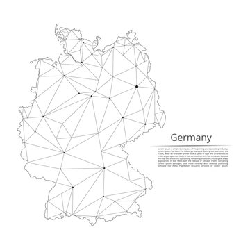 Germany communication network map. Vector low poly image of a global map with lights in the form of cities in or population density consisting of points and shapes and space. Easy to edit