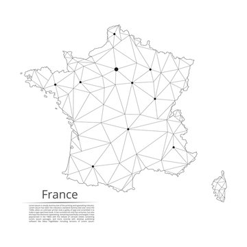 France communication network map. Vector low poly image of a global map with lights in the form of cities in or population density consisting of points and shapes and space. Easy to edit