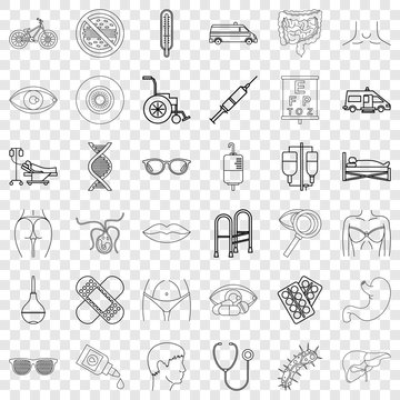 Human health icons set. Outline style of 36 human health vector icons for web for any design