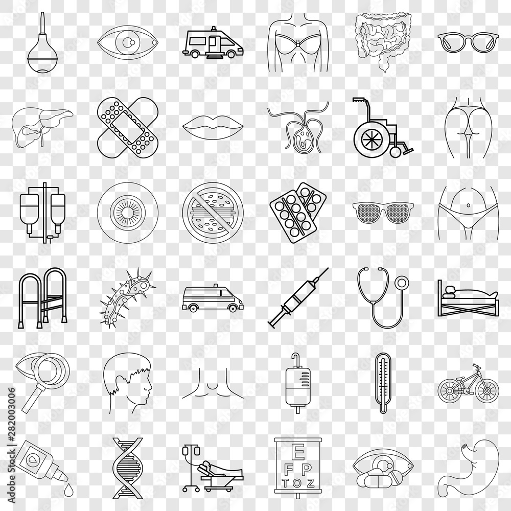 Poster ambulance icons set. outline style of 36 ambulance vector icons for web for any design