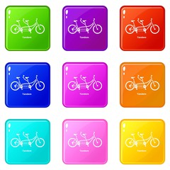 Tandem bicycle icons set 9 color collection isolated on white for any design