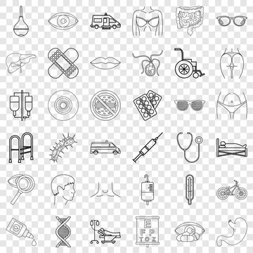 Ambulance icons set. Outline style of 36 ambulance vector icons for web for any design
