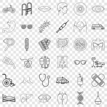 Hospital icons set. Outline style of 36 hospital vector icons for web for any design