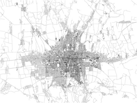Satellite map of Bishkek formerly Pishpek and Frunze, it is the capital and largest city of Kyrgyzstan. Map of streets and buildings of the town center