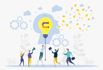 New idea, imagination, innovation metaphor with light bulb. Characters of business people working together on a new project. Colorful Vector Illustration