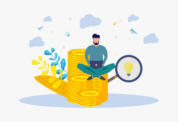 A man makes money on the Internet. Metaphor, rich, success, idea, skills, education. Colorful Vector Illustration