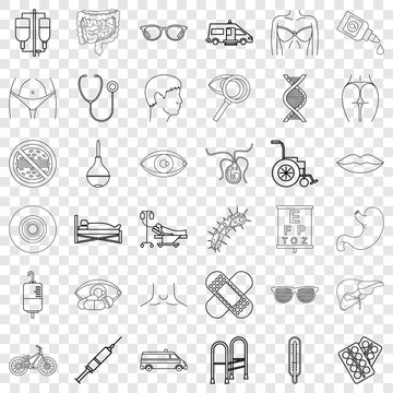 Thermometer icons set. Outline style of 36 thermometer vector icons for web for any design
