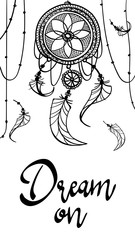 fashion print dream on dreamcather tattoo mehndi design with feathers . black doodle hand drawn contour outline isolated on white . vector ornament illustration