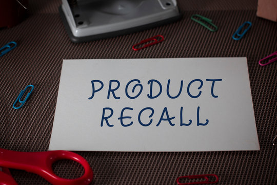 Word writing text Product Recall. Business photo showcasing Request by a company to return the product due to some issue Scissors and writing equipments plus plain sheet above textured backdrop