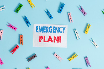 Handwriting text writing Emergency Plan. Conceptual photo actions developed to mitigate damage of potential events Colored clothespin rectangle shaped reminder paper light blue background
