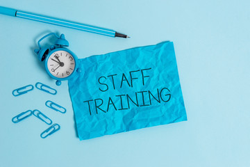 Word writing text Staff Training. Business photo showcasing A program that helps employees to learn...