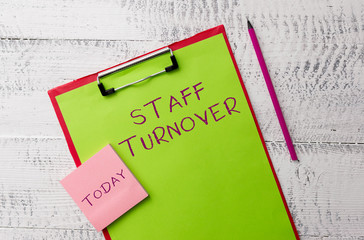 Word writing text Staff Turnover. Business photo showcasing The percentage of workers that replaced by new employees Metal clipboard paper sheets marker sticky notes pad wooden background