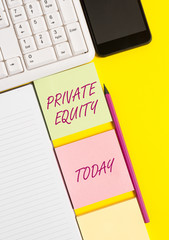 Conceptual hand writing showing Private Equity. Concept meaning Capital that is not listed on a public exchange Investments Empty papers with copy space on yellow background table