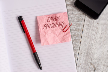 Conceptual hand writing showing Email Phishing. Concept meaning Emails that may link to websites that distribute malware Wrinkle paper notebook and stationary placed on wooden background