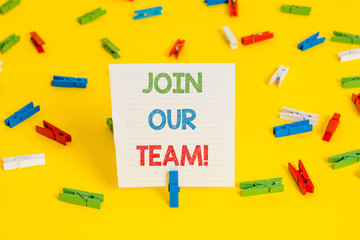 Conceptual hand writing showing Join Our Team. Concept meaning inviting someone into your local group or company