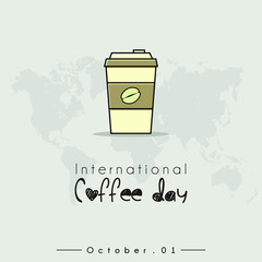 International Coffee Day with Coffee Cup Vector Cartoon and world map background