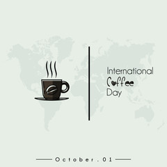 International Coffee Day with Mug Vector Cartoon, and world map background
