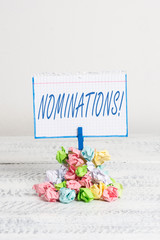 Word writing text Nominations. Business photo showcasing action of nominating or state being...