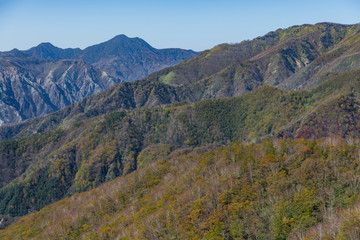 Fototapeta na wymiar 半月山の登りの登山道から見た皇海山