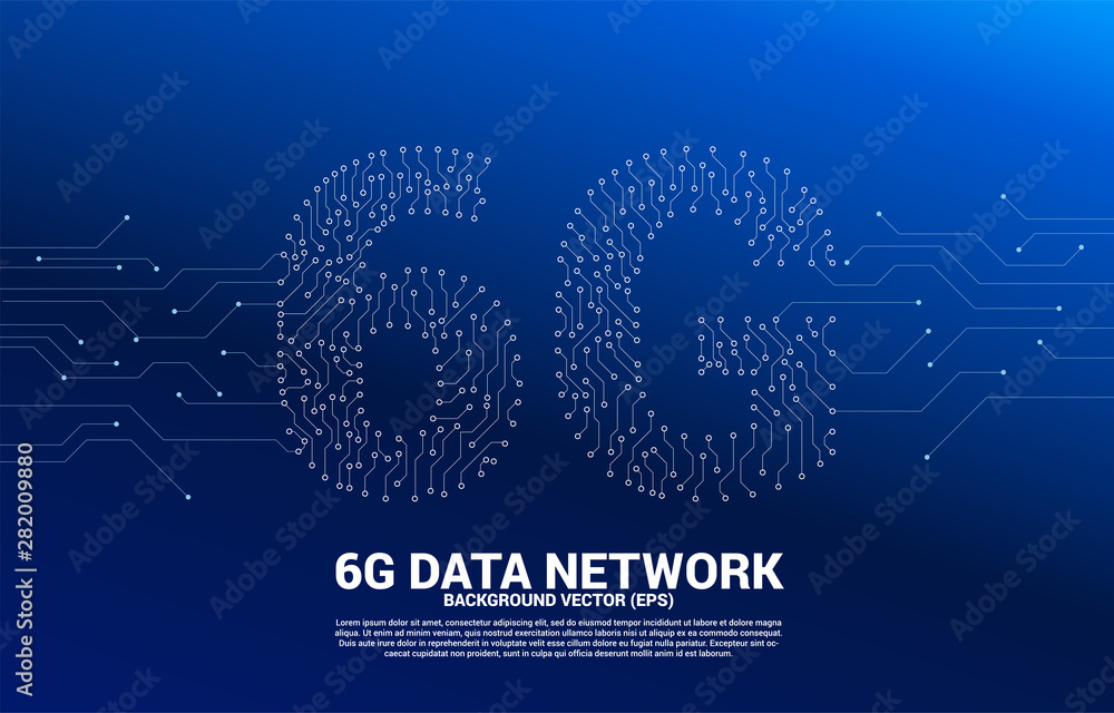 Poster Vector 6G dot connect line circuit board style mobile phone icon. Concept for data transfer of mobile data network.