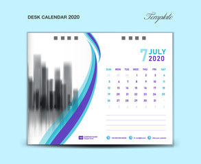 JULY, Desk Calendar 2020 template vector illustration, Week starts Sunday, planner, month artwork, printing media, Blue and purple concept