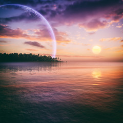 fantasy ocean environment with tropical island and majestic sunset sky with clouds and giant moon