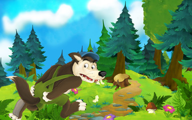 Cartoon fairy tale scene with wolf on the meadow - illustration for children
