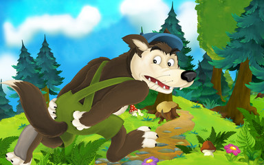 Cartoon fairy tale scene with wolf on the meadow - illustration for children © agaes8080