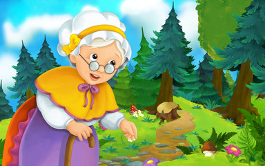 Obraz na płótnie Canvas Cartoon scene on a happy older woman walking through the forest - illustration for children