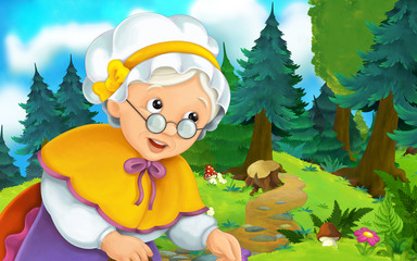 Plakat Cartoon scene on a happy older woman walking through the forest - illustration for children