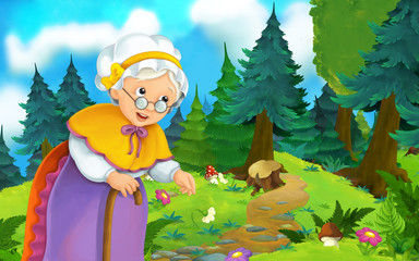 Obraz na płótnie Canvas Cartoon scene on a happy woman walking through the forest - illustration for children