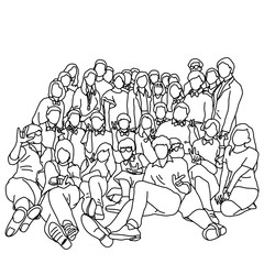 group of people or workers taking photo together vector illustration sketch doodle hand drawn with black lines isolated on white background