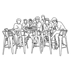nine people sitting on high chair in the meeting vector illustration sketch doodle hand drawn with black lines isolated on white background