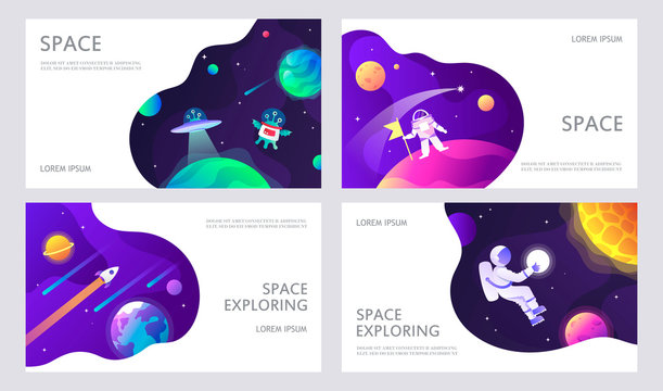 Set of web banners templates. Presentation. Space explore. UFO.  Children cartoon vector illustration. Science. Horizontal banners. EPS 10