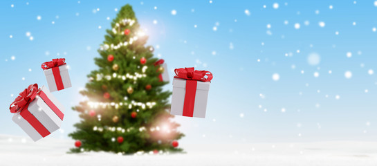 Naklejka na ściany i meble christmas presents and christmas tree blurred 3d-illustration