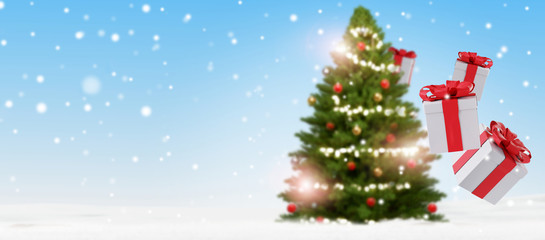 Fototapeta na wymiar christmas presents and christmas tree blurred 3d-illustration