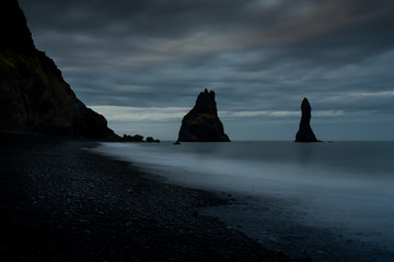 Reynisdrangur sea stacks off Black Sand Beach, Reynisfjara, Iceland