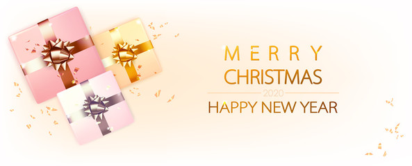 Fototapeta na wymiar Merry Christmas and Happy New Year. 2020. Postcard with realistic gift boxes. Golden textures and gradients. Vector Christmas banner. White background with gold tinsel.