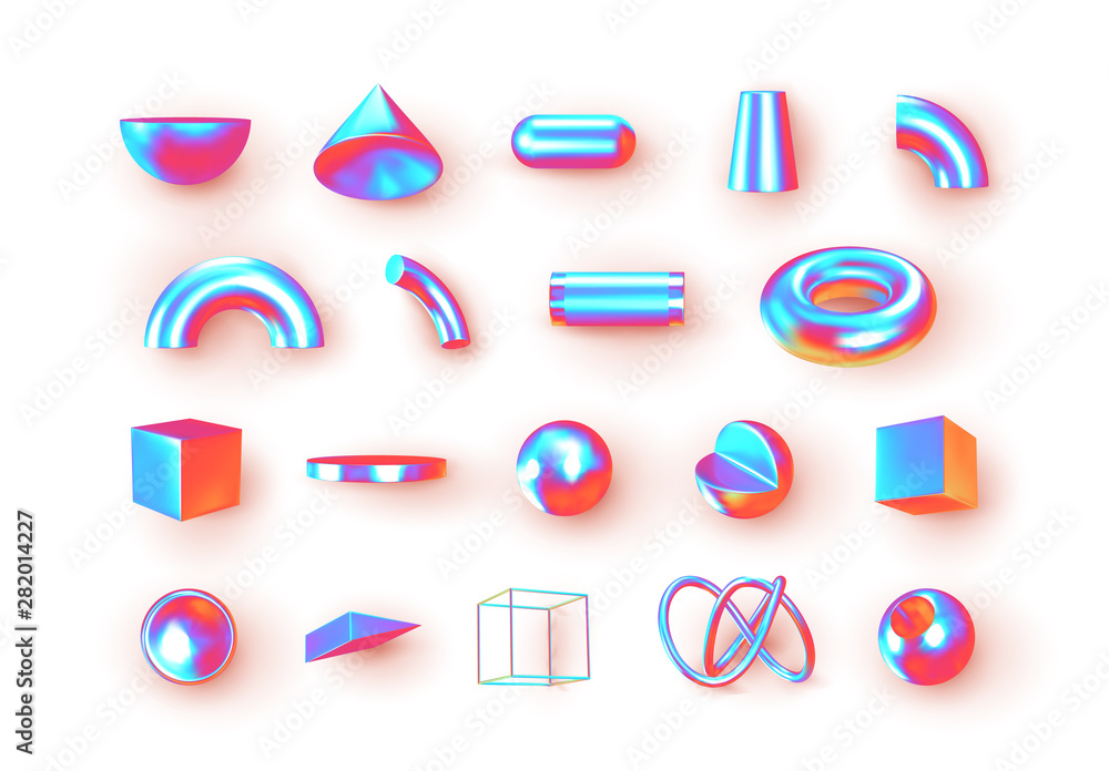 Poster set of 3d geometric shapes objects. realistic geometry elements isolated on white background, on met