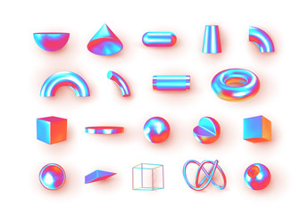 Set of 3d geometric shapes objects. Realistic geometry elements isolated on white background, on metallic holographic color gradient. Render Decorative figure for design. vector illustration