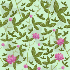 Seamless pattern with clover flowers and leaves. Vector graphics.