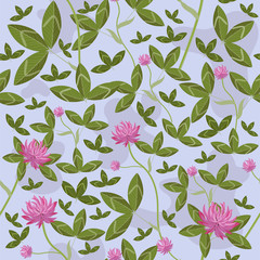 Seamless pattern with clover flowers and leaves. Vector graphics.